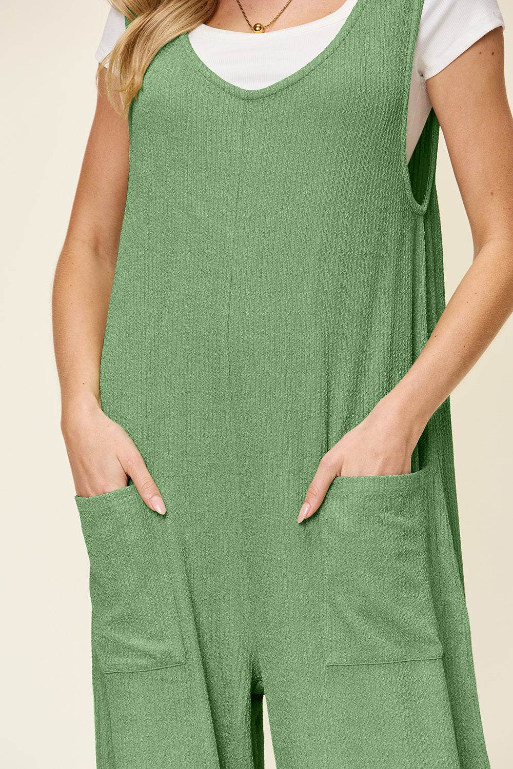 Double Take Full Size Texture Sleeveless Wide Leg Jumpsuit - Hovatok