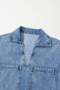 Short Sleeve Collared Patched Pocket Denim Mini Dress - Hovatok