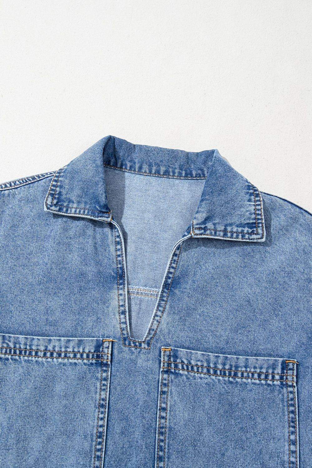 Short Sleeve Collared Patched Pocket Denim Mini Dress - Hovatok
