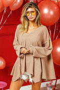 BiBi V-Neck Waffle Uneven Hem Top - Hovatok