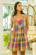 BiBi Bleached Vintage Plaid Wide Leg Overalls with Pockets - Hovatok