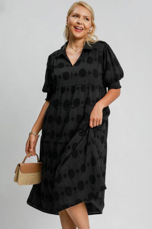 Umgee Full Size Swiss Dot Jacquard Tiered Midi Dress Plus Size - Hovatok