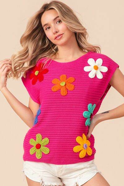 BiBi Flower Round Neck Cap Sleeve Knit Top - Hovatok