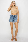 RISEN High Rise Seam Detailed Raw Edge Denim Shorts - Hovatok