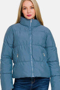 Zenana Zip Up Turtleneck Puffer Jacket with Pockets - Hovatok