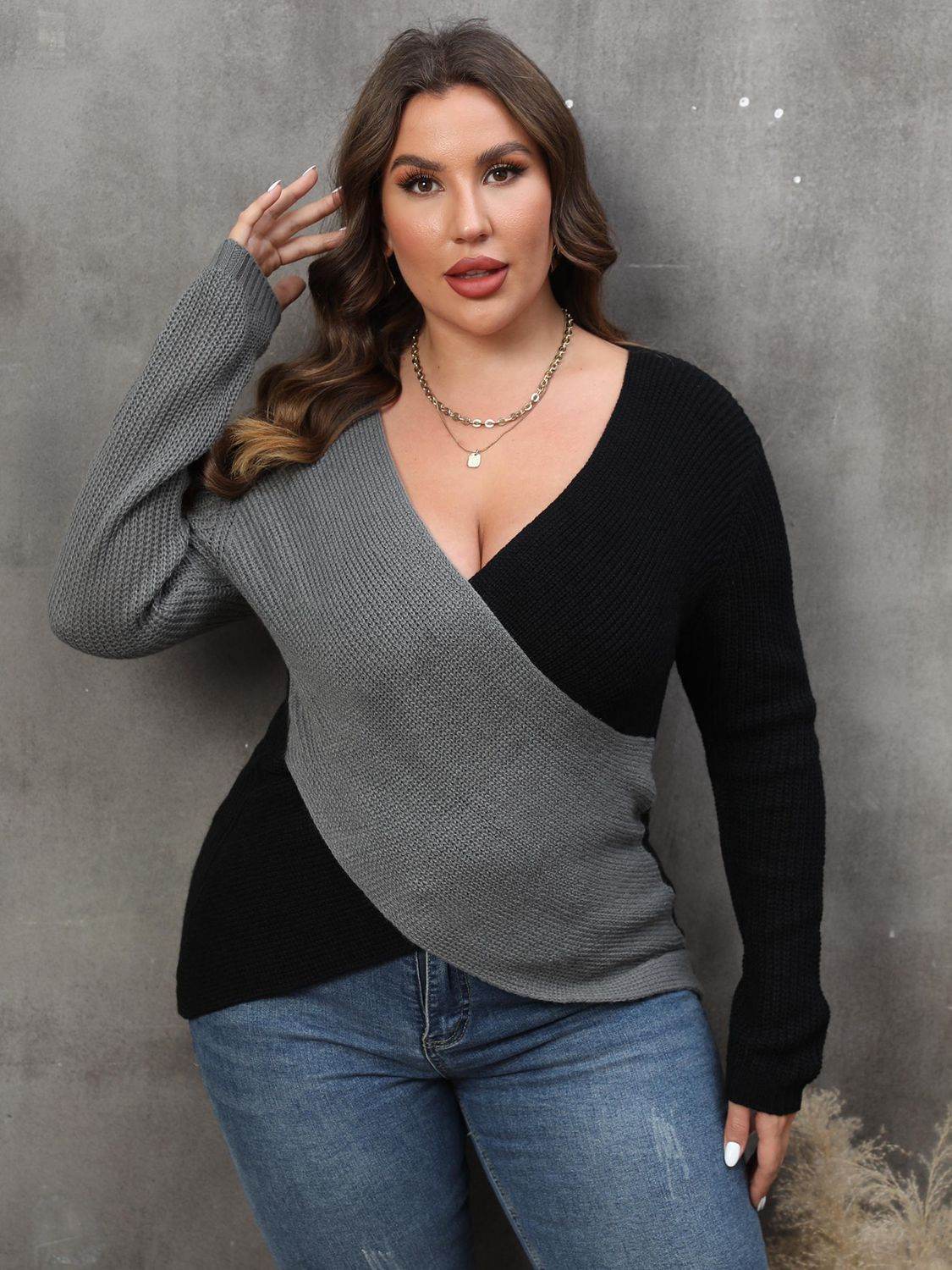 Plus Size Two-Tone Surplice Neck Sweater - Hovatok