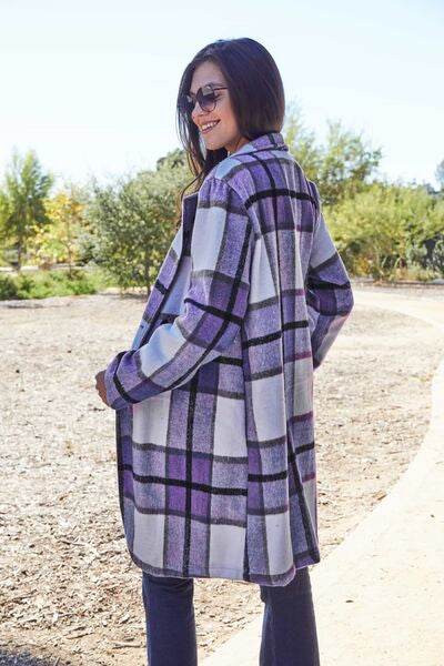 Double Take Full Size Plaid Button Up Lapel Collar Coat - Hovatok
