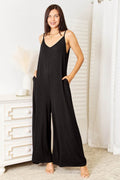 Double Take Full Size Soft Rayon Spaghetti Strap Tied Wide Leg Jumpsuit - Hovatok