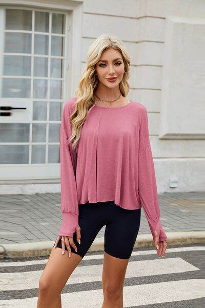 Cutout Back Round Neck Long Sleeve T-Shirt - Hovatok