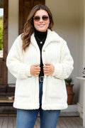 Plus Size Collared Neck Button Down Fuzzy Outerwear - Hovatok