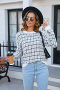Angel Wings Plaid Round Neck Long Sleeve Pullover Sweater - Hovatok