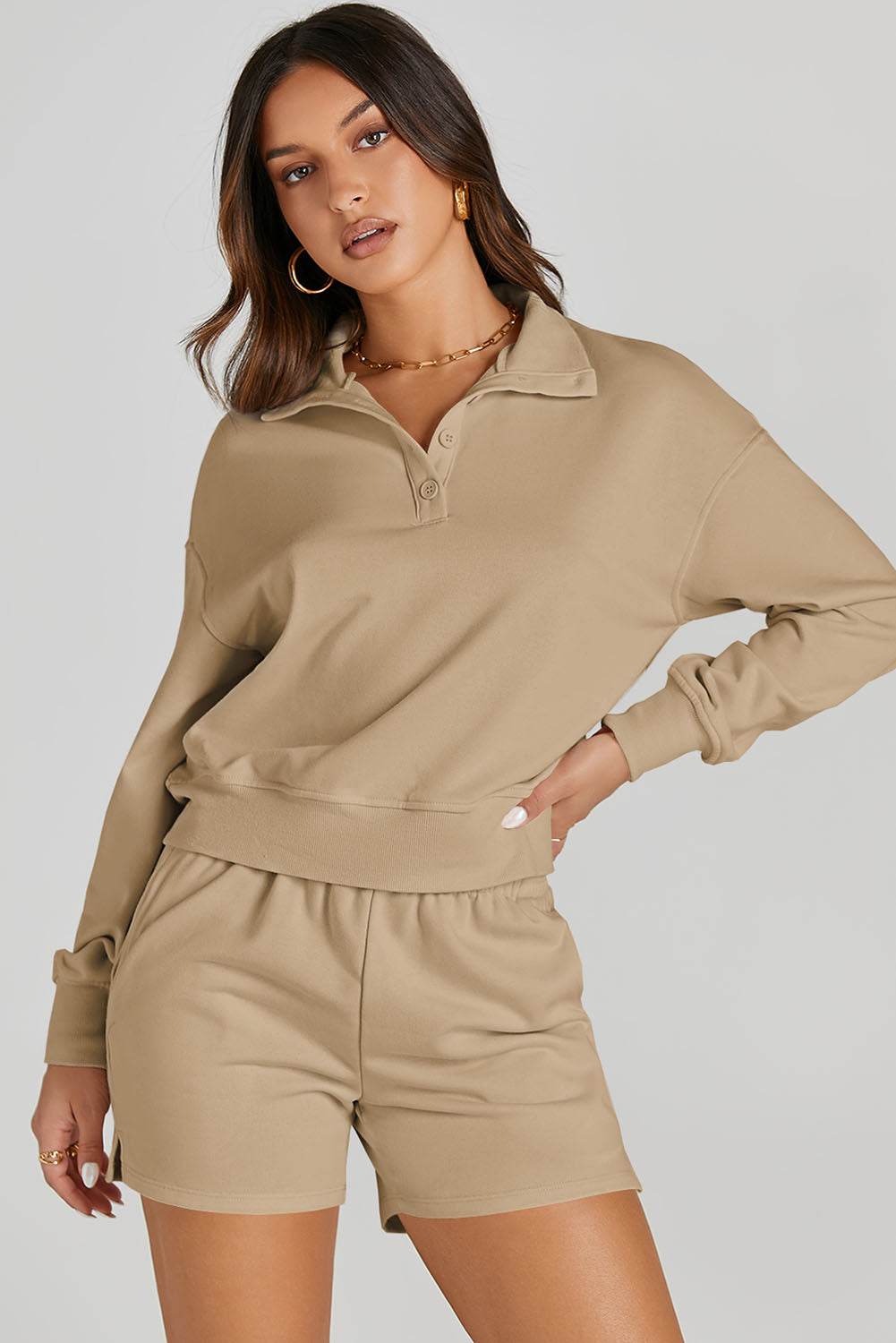 Half Button Sweatshirt and Shorts Active Set - Hovatok