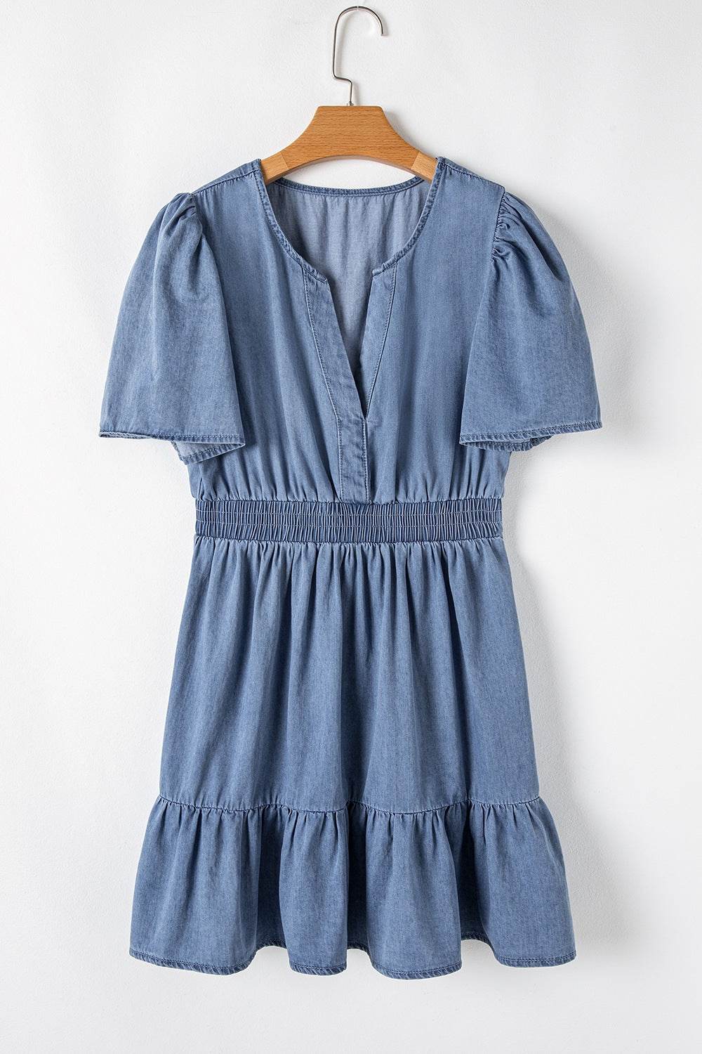 Ruffled Hem Smocked Flutter Sleeve Denim Mini Dress - Hovatok