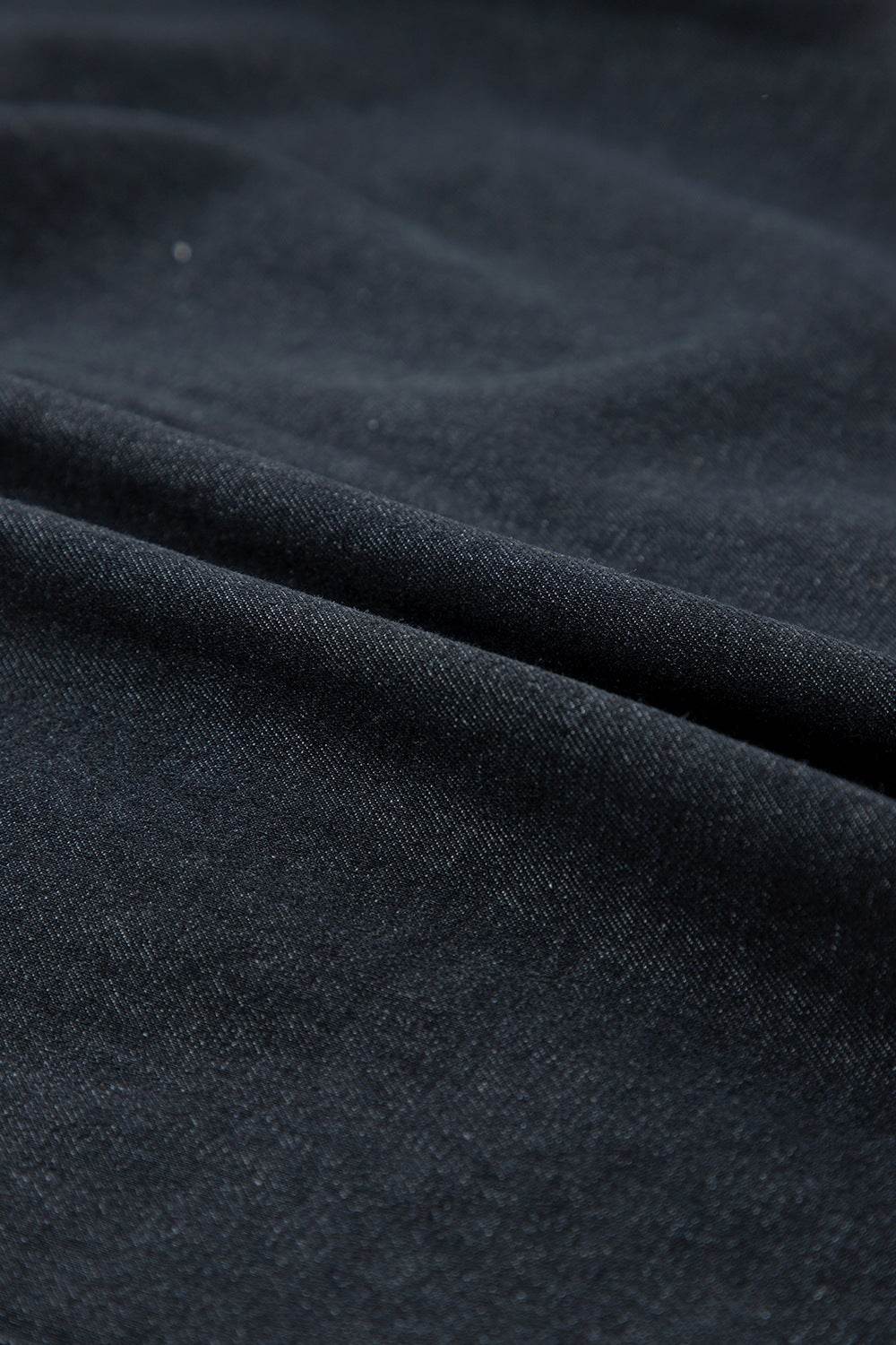 Button Down Raw Hem Ruffled Denim Shirt - Hovatok