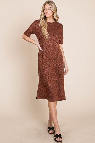 BOMBOM Round Neck Side Slit Midi Dress - Hovatok