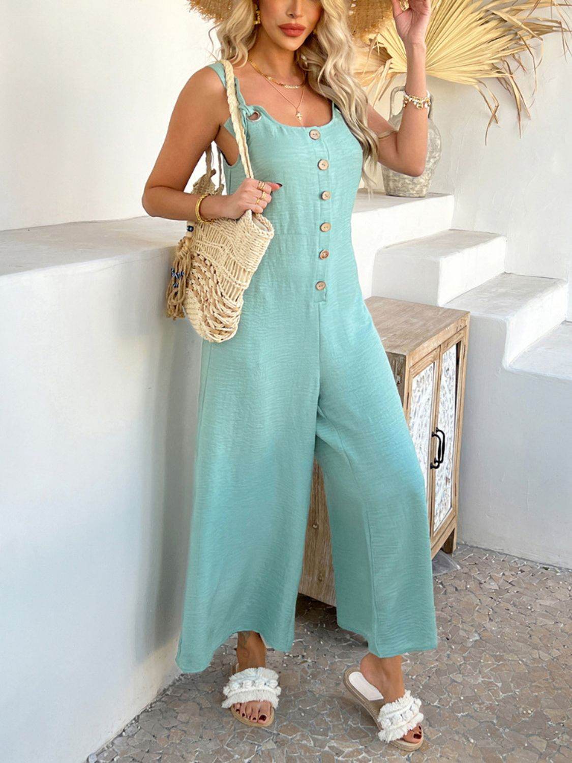 Devine Button Front Knotted Strap Wide Leg Jumpsuit - Hovatok