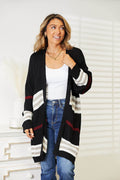 Perfee Striped Rib-Knit Drop Shoulder Open Front Cardigan - Hovatok