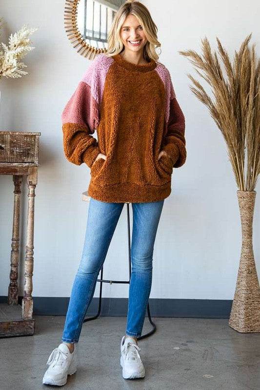 Culture Code Color Block Faux Fur Raglan Sleeve Sweatshirt - Hovatok