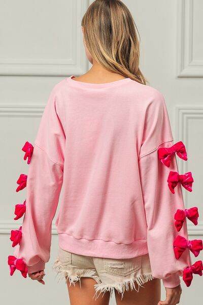 BiBi Velvet Ribbon Bows Long Sleeve Round Neck Sweatshirt - Hovatok
