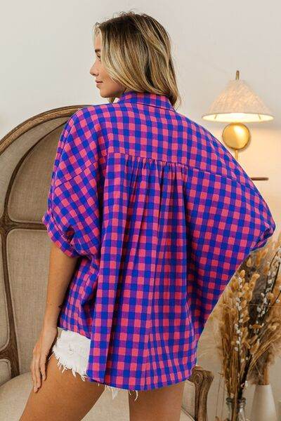 BiBi Plaid Button Up Dolman Sleeve Shirt - Hovatok