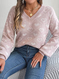 Heart Pattern V-Neck Long Sleeve Sweater - Hovatok