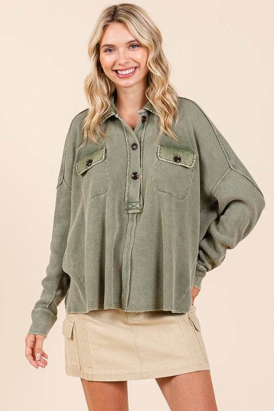 Mittoshop Mineral Wash Waffle Knit Collared Neck Henley Top - Hovatok