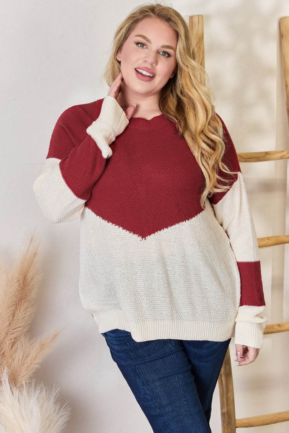 Hailey & Co Full Size Color Block Dropped Shoulder Knit Top - Hovatok