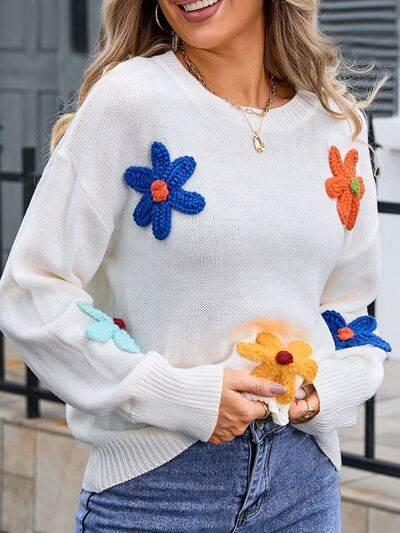 Angel Wings Crochet Flower Round Neck Sweater - Hovatok