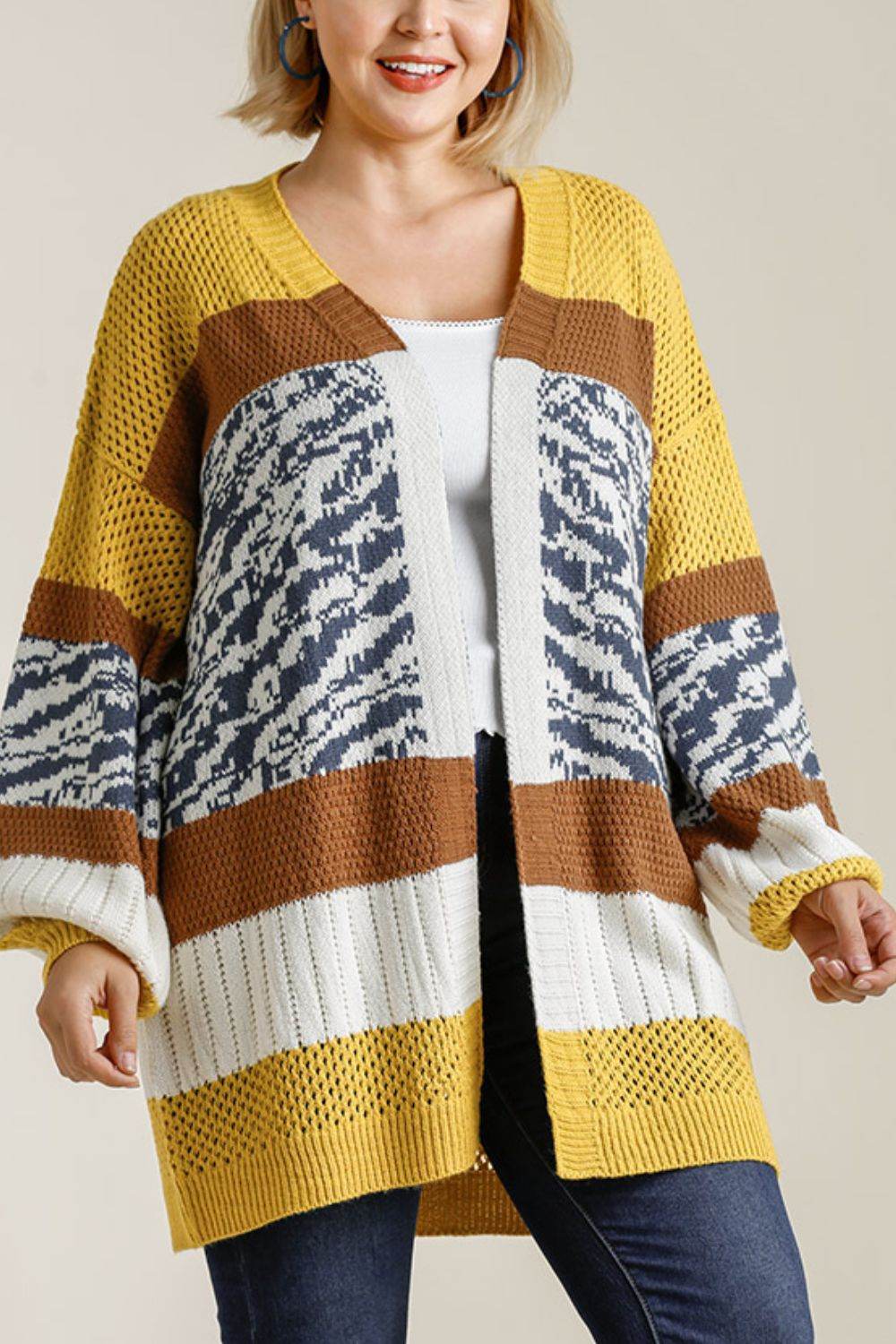 Umgee Full Size Color Block Open Front Longline Cardigan Plus Size - Hovatok