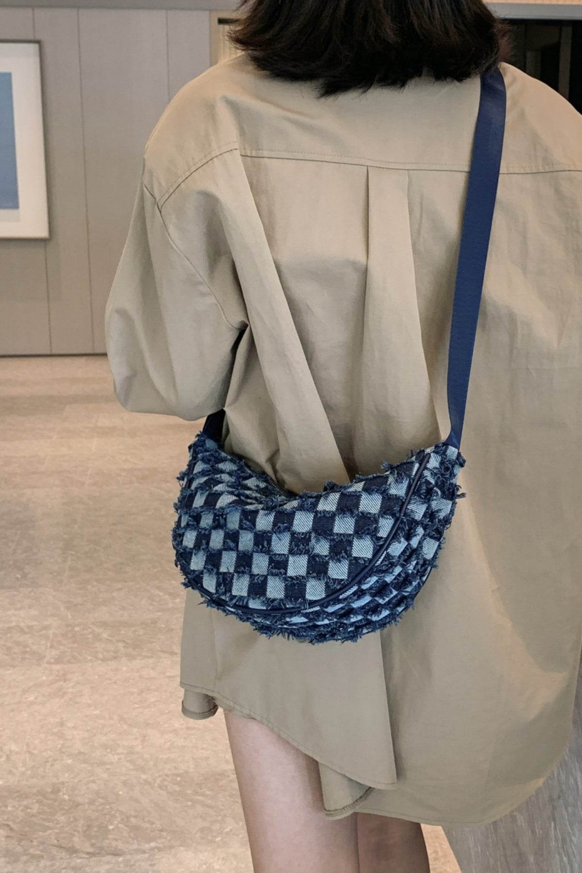 Raw Hem Checkered Denim Crossbody Bag - Hovatok