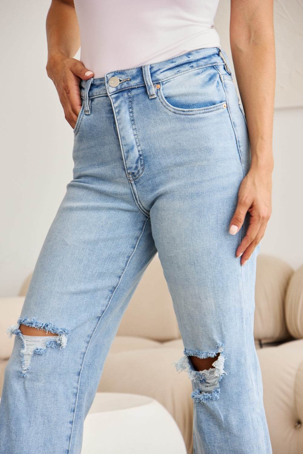 RFM Full Size Tummy Control High Waist Raw Hem Distressed Jeans - Hovatok