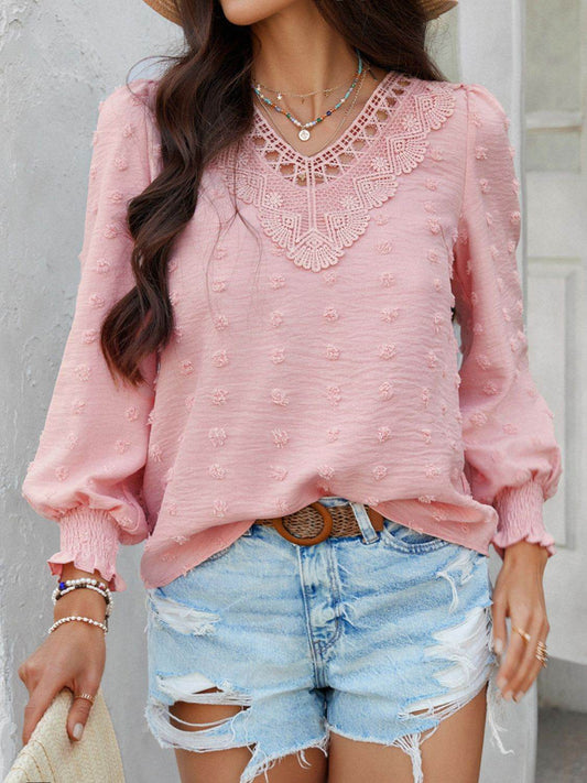 Devine Swiss Dot Lace Detail V-Neck Long Sleeve Blouse - Hovatok