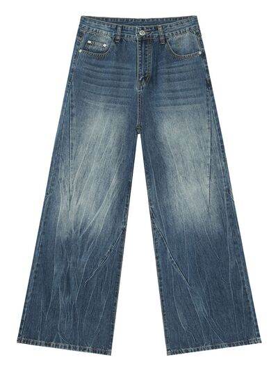 Washed Lightning Pattern Wide Leg Jeans - Hovatok
