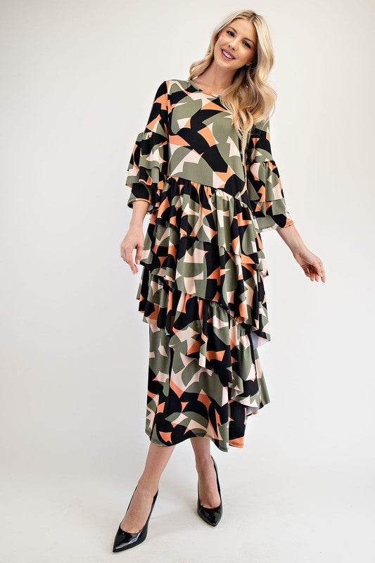 Celeste Full Size Printed Asymmetrical Ruffle Midi Dress Plus Size - Hovatok