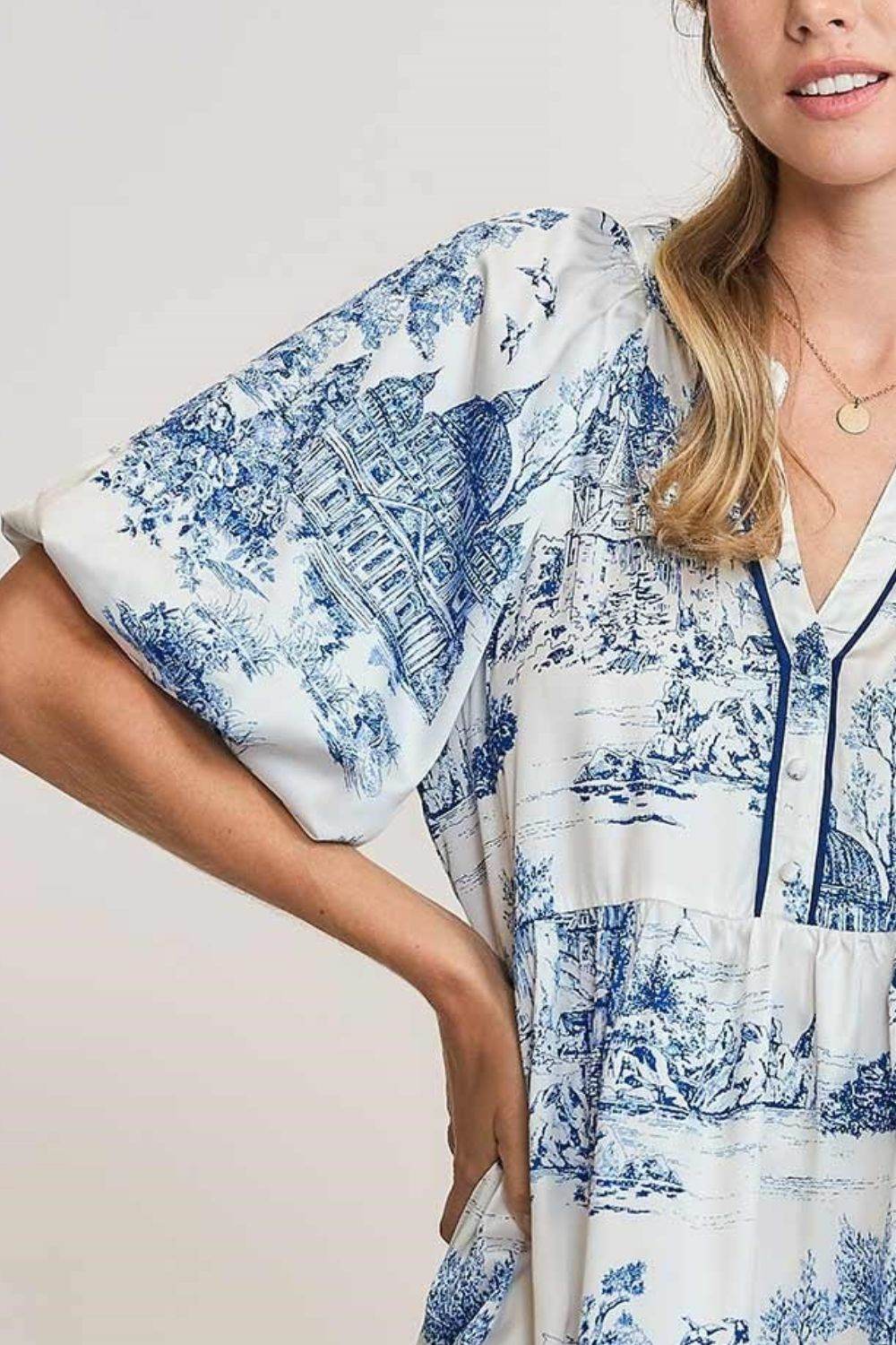 Umgee Full Size Two Tone Landscape Print Dress Plus Size - Hovatok