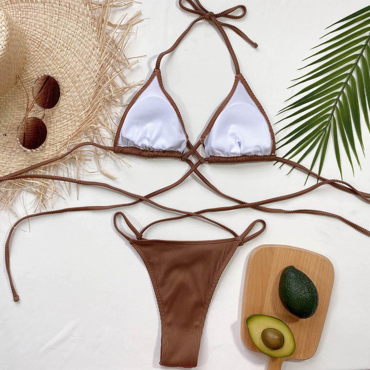 Halter Neck Crisscross Ribbed Bikini Set - Hovatok