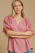 Umgee Full Size French Terry Boxy Cut Top with 3D Floral Sleeve Plus Size - Hovatok