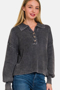 Zenana Washed Half Button Long Sleeve Sweater - Hovatok