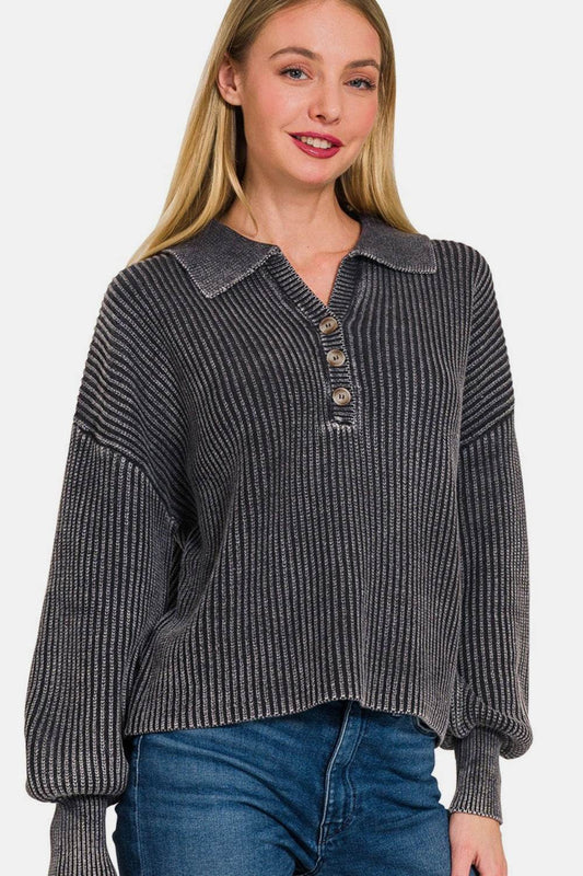 Zenana Washed Half Button Long Sleeve Sweater - Hovatok