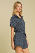 Umgee Full Size Half Zip Striped Romper Plus Size - Hovatok