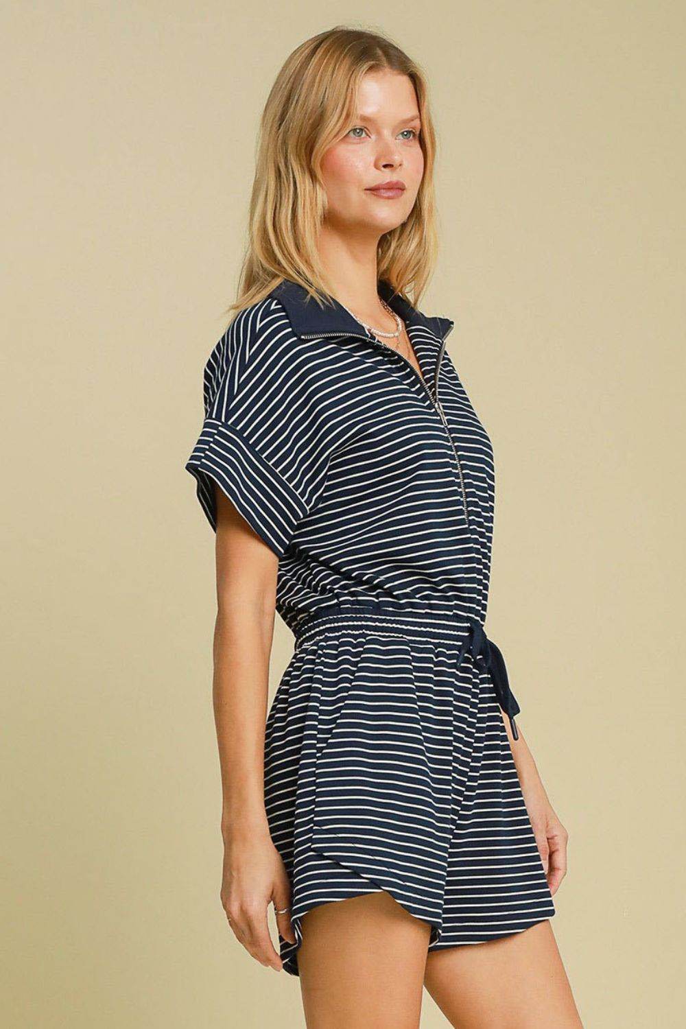 Umgee Full Size Half Zip Striped Romper Plus Size - Hovatok
