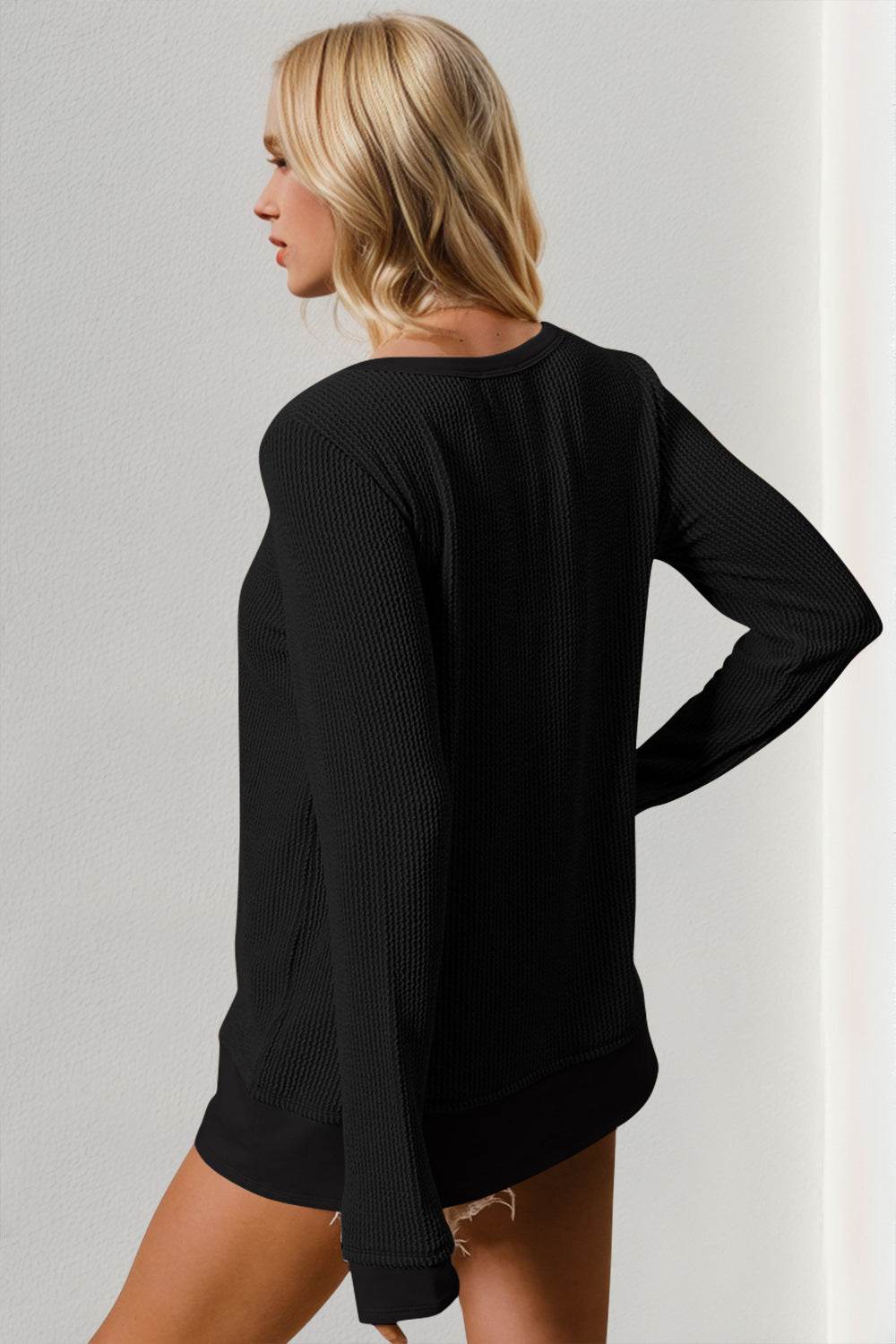 Double Take Corded Rib Thumbhole Cuff Round Neck T-Shirt - Hovatok