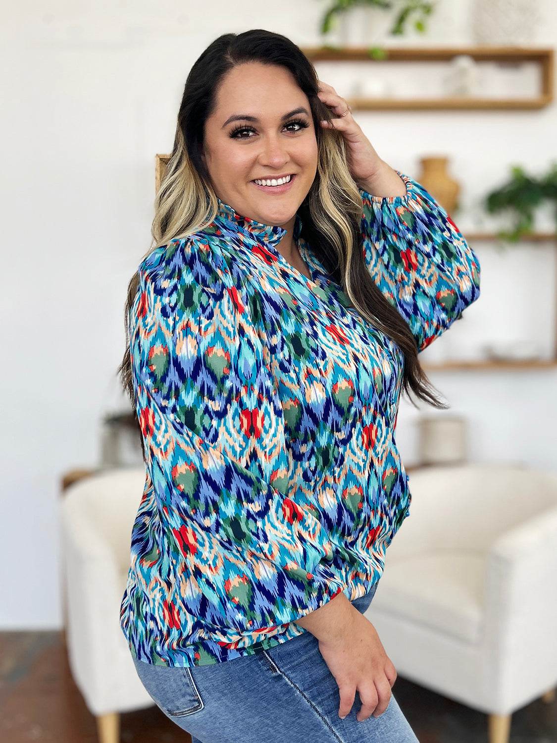 Double Take Full Size Printed Balloon Sleeve Blouse - Hovatok