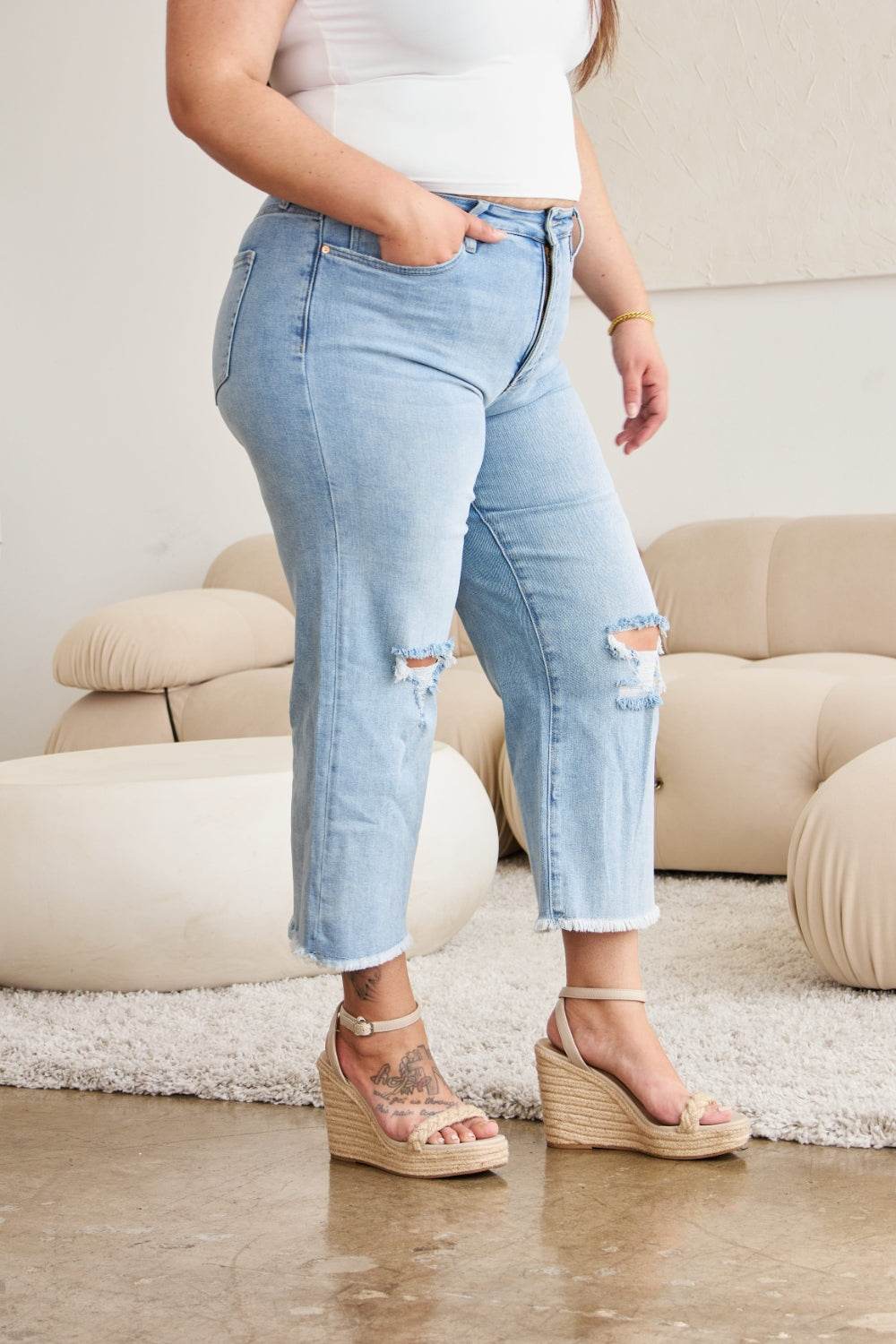 RFM Full Size Tummy Control High Waist Raw Hem Distressed Jeans - Hovatok