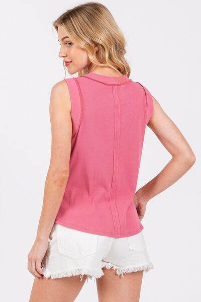 Ces Femme Stitch Detail Half Button Ribbed Tank - Hovatok