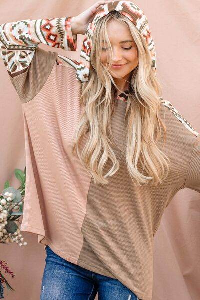 And The Why Printed Color Block Hooded Waffle Top - Hovatok