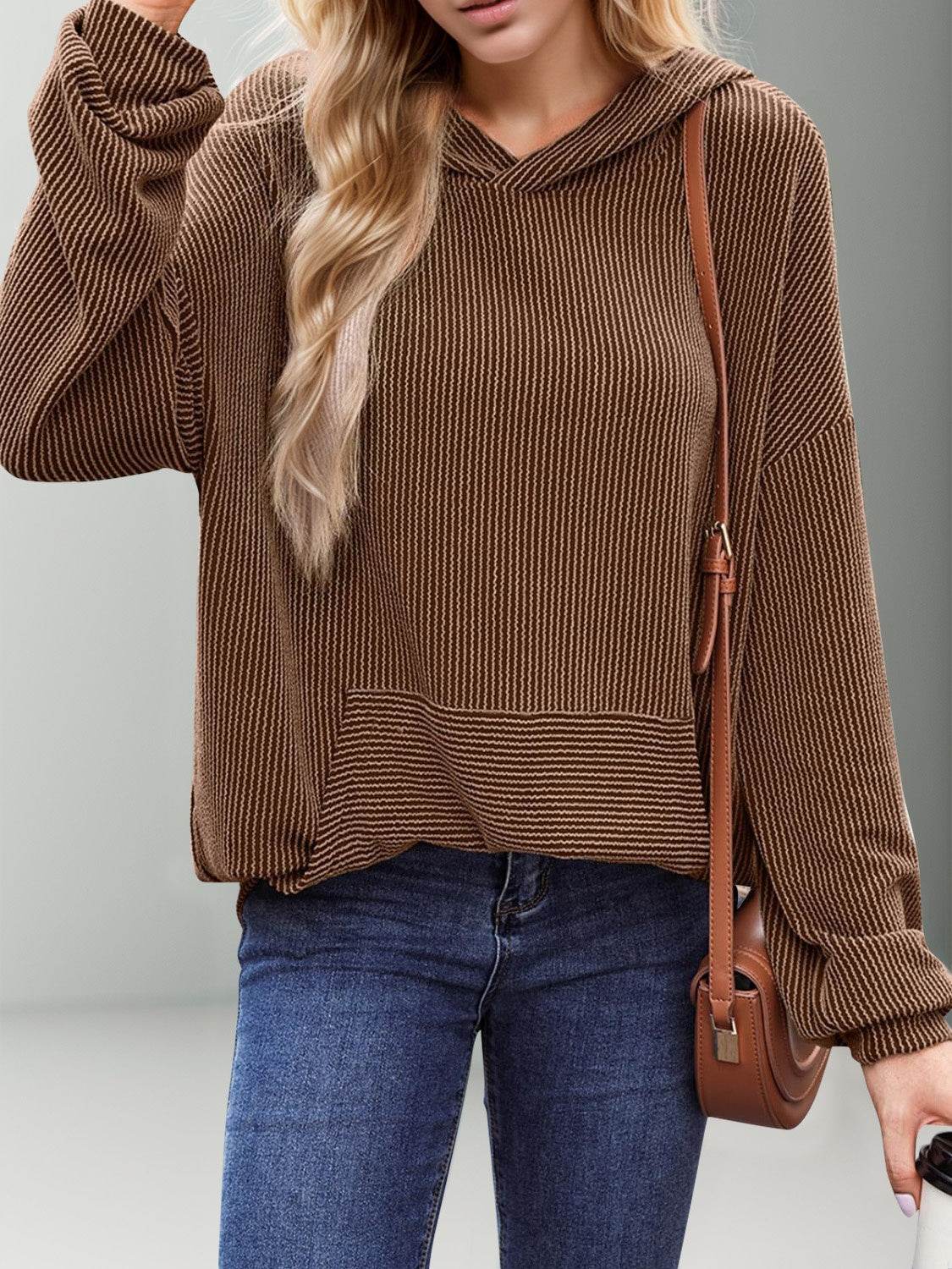 Double Take Textured Kangaroo Pocket Long Sleeve Hoodie - Hovatok