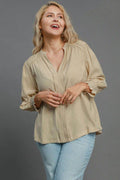 Umgee Full Size Notched Smocked Cuff Woven Top Plus Size - Hovatok