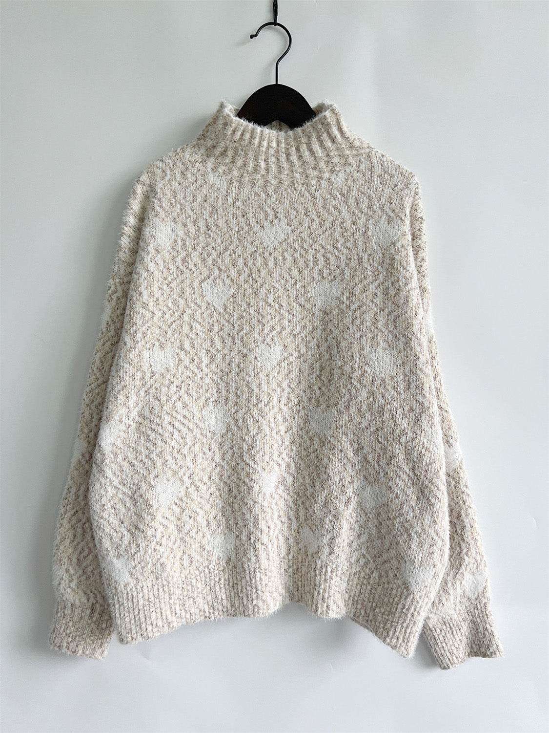 Heart Heathered Turtleneck Drop Shoulder Sweater - Hovatok