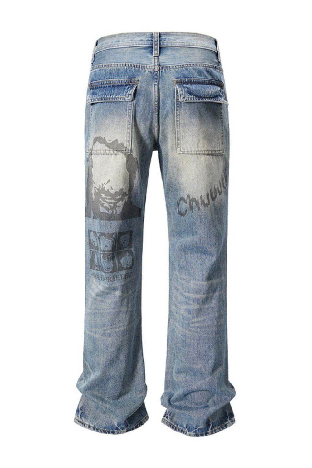 Men's Distressed Detail Printed Baggy Jeans - Hovatok